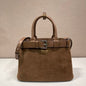Prada Buckle Medium Suede Tote Bag in Cocoa Brown.