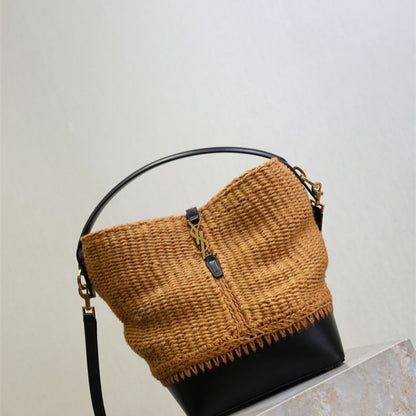 Saint Laurent Le 37 bucket bag in raffia and leather.