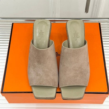 Hermès Kylie Mules in argile/taupe suede calfskin