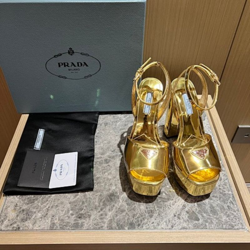 Prada Metallic Leather Platform Sandals in a luxurious liquid gold colorway.