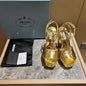 Prada Metallic Leather Platform Sandals in a luxurious liquid gold colorway.