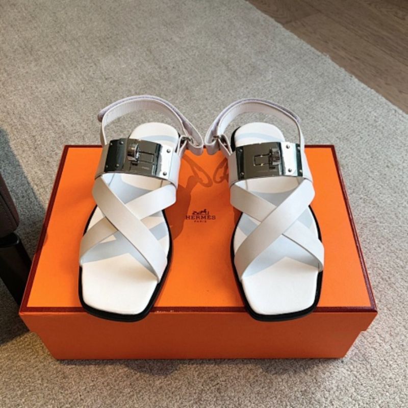 Hermès Empire Flat Sandals in blanc (white) calfskin,