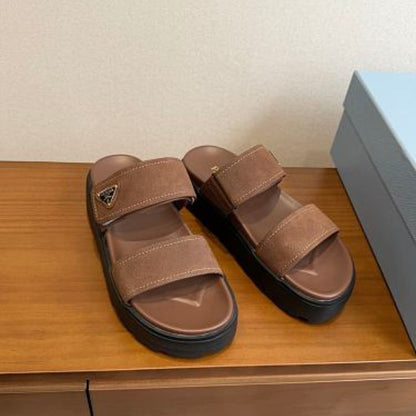 Prada Nubuck Flatform Slides in the cocoa brown ("Cacao")