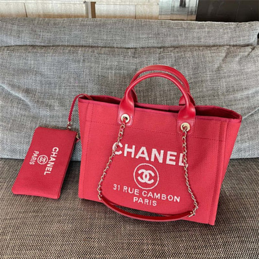 Chanel Deauville Tote Bag in red canvas.