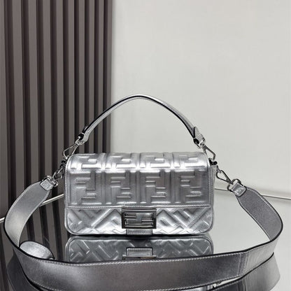 Fendi Baguette bag in a metallic silver finish.
