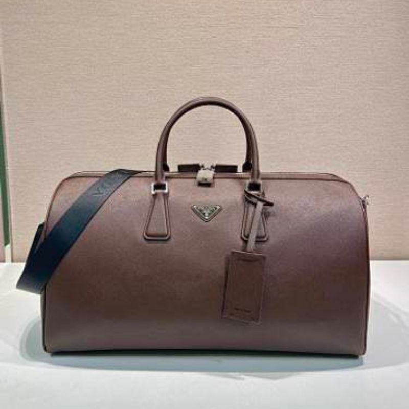 Prada Saffiano Leather Travel Bag in a rich cocoa brown.