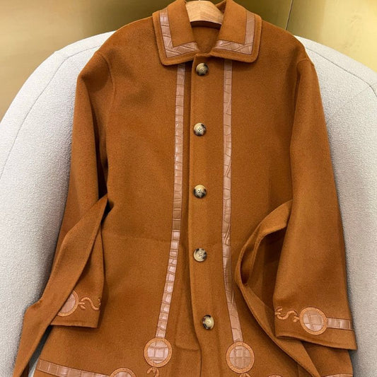 Herm* brown embroidered cashmere coat