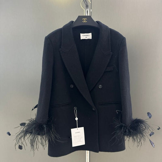 Chanel Black double-breasted blazer with feather cuffs