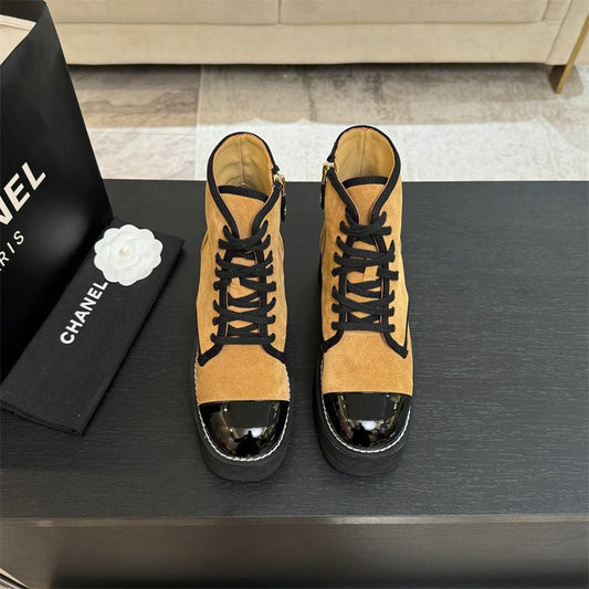 Chanel Suede Combat Boots with a Patent Leather Cap Toe