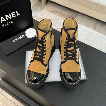 Chanel Suede Combat Boots with a Patent Leather Cap Toe