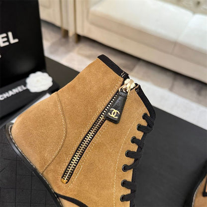 Chanel Suede Combat Boots with a Patent Leather Cap Toe
