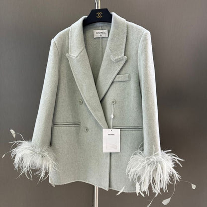 Chanel double-breasted blazer with feather cuffs