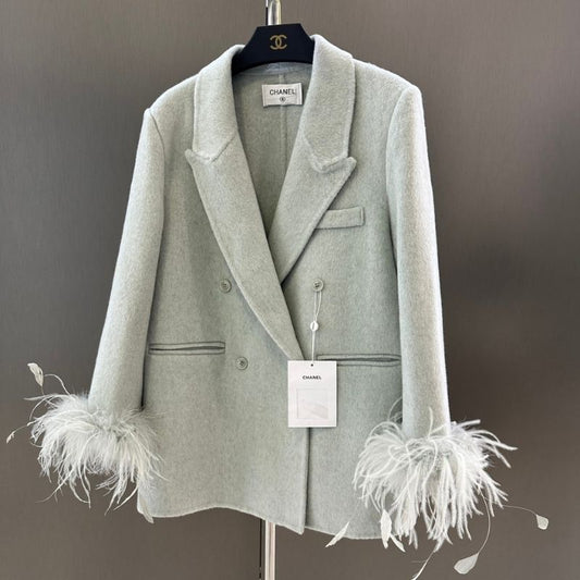 Chanel double-breasted blazer with feather cuffs