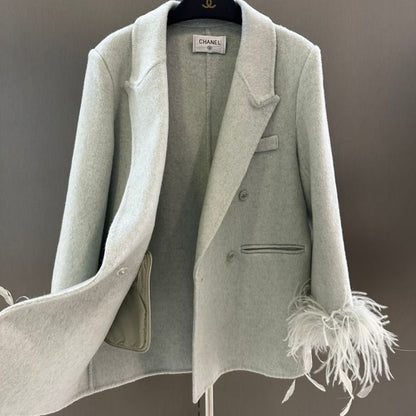 Chanel double-breasted blazer with feather cuffs