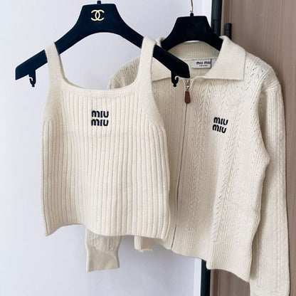 Miu Miu ribbed knit tank top and a zip-up cardigan set