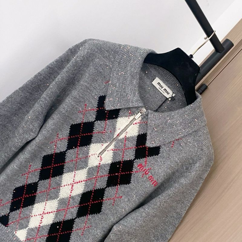 Miu Miu Argyle Intarsia-Knit Half-Zip Sweater