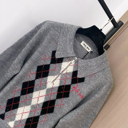 Miu Miu Argyle Intarsia-Knit Half-Zip Sweater