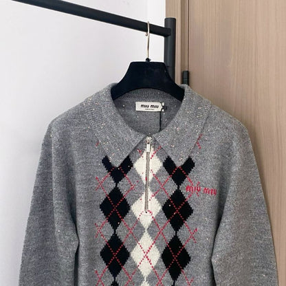 Miu Miu Argyle Intarsia-Knit Half-Zip Sweater