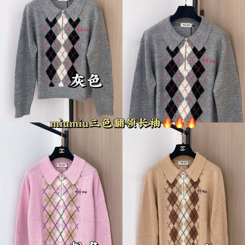 Miu Miu Argyle Intarsia-Knit Half-Zip Sweater