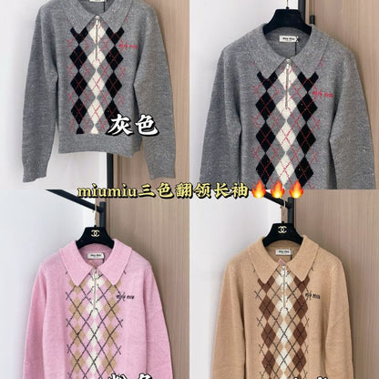 Miu Miu Argyle Intarsia-Knit Half-Zip Sweater
