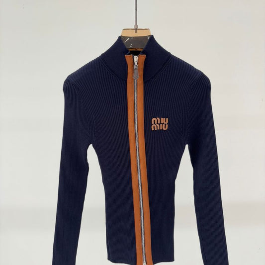 Miu Miu navy ribbed knit zip-up cardigan