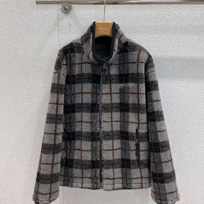 Miu Miu Checked Teddy Zipper Jacket
