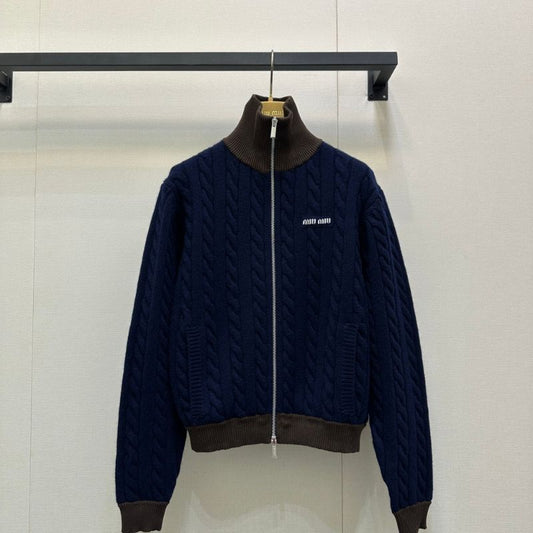 Miu Miu Logo-Embroidered Cable-Knit Zip-Up Cardigan.