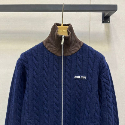 Miu Miu Logo-Embroidered Cable-Knit Zip-Up Cardigan.