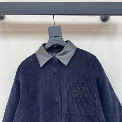 Miu Miu navy corduroy and nappa leather down jacket