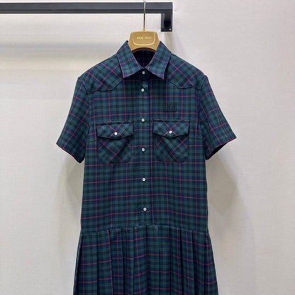 Miu Miu Pleated Plaid Mini-Dress