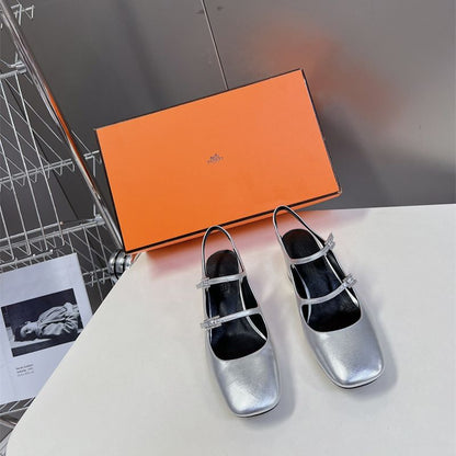 Hermes silver Mary Jane block heels