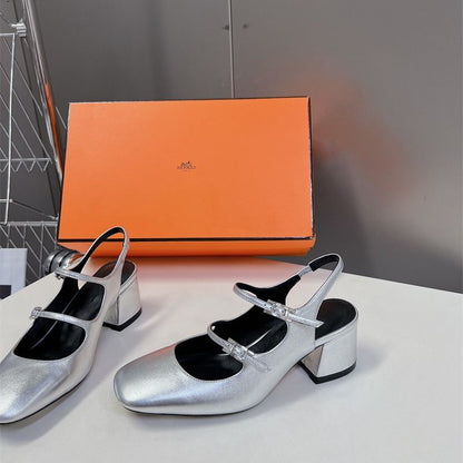Hermes silver Mary Jane block heels