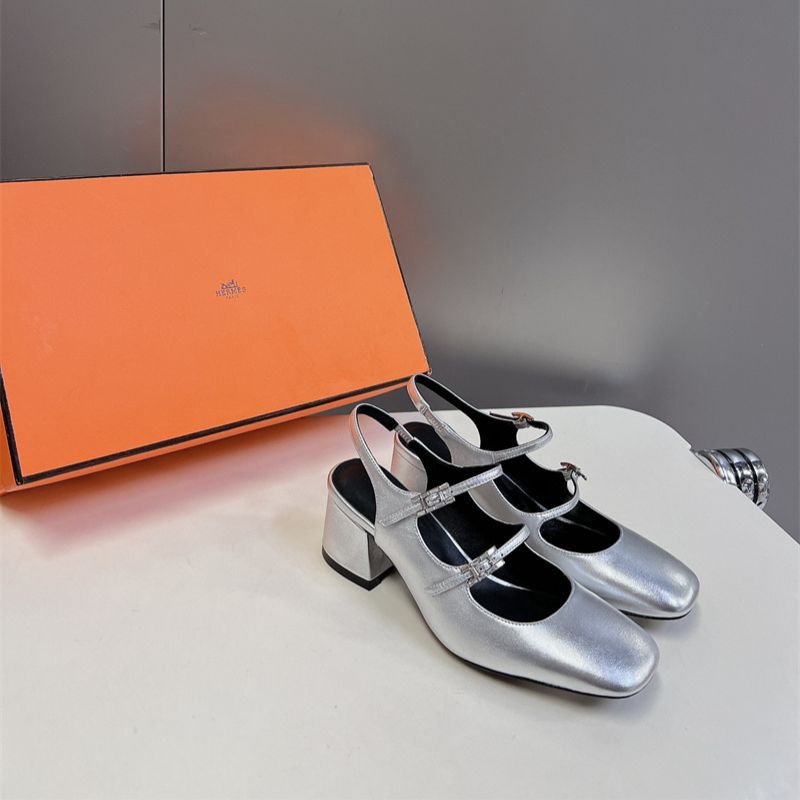 Hermes silver Mary Jane block heels