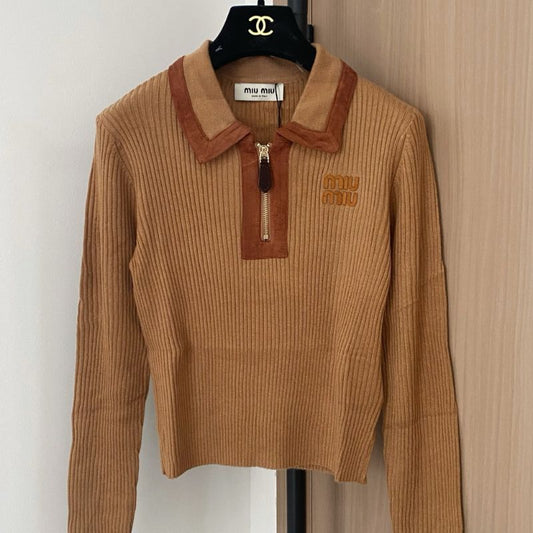Miu Miu Ribbed Knit Cashmere Polo Sweater