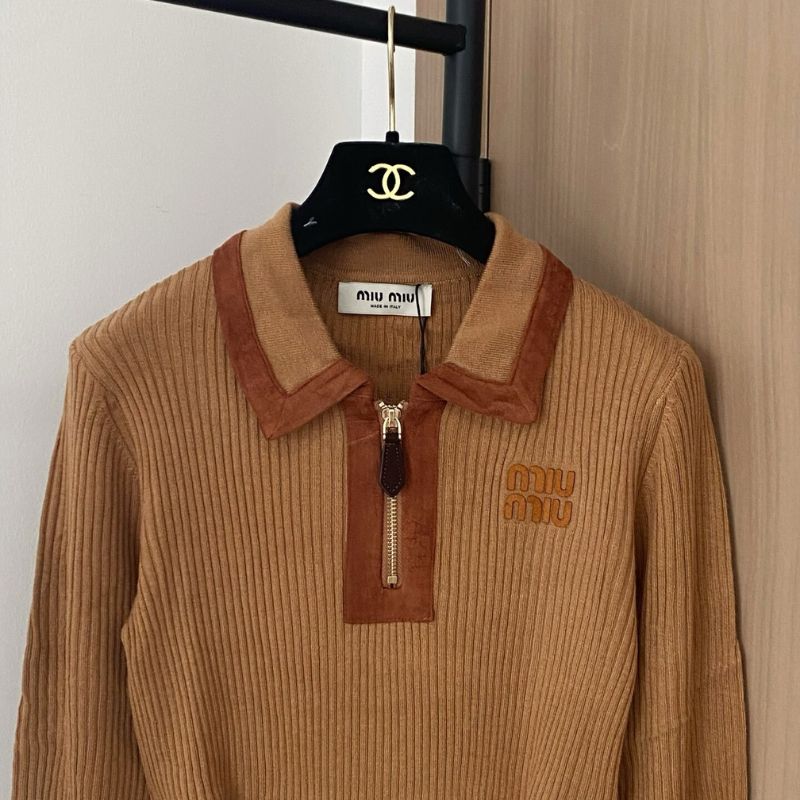Miu Miu Ribbed Knit Cashmere Polo Sweater