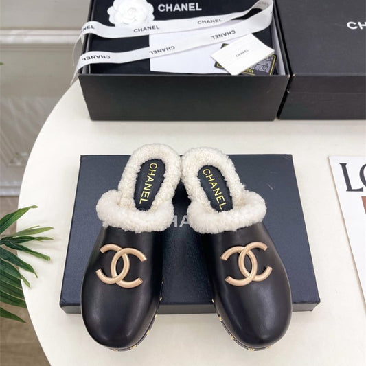 Chanel shearling-lined leather mules