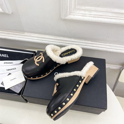 Chanel shearling-lined leather mules