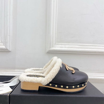 Chanel shearling-lined leather mules