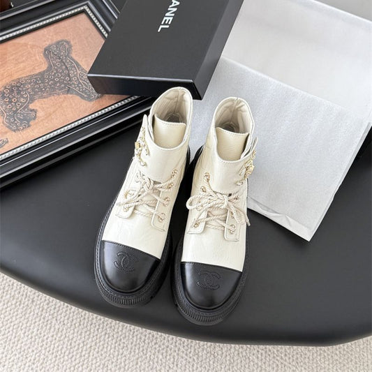 Chanel Black/Cream Leather CC Cap Toe Logo Combat Boots