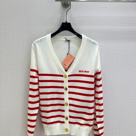 Miu Miu red and white striped knit cardigan.