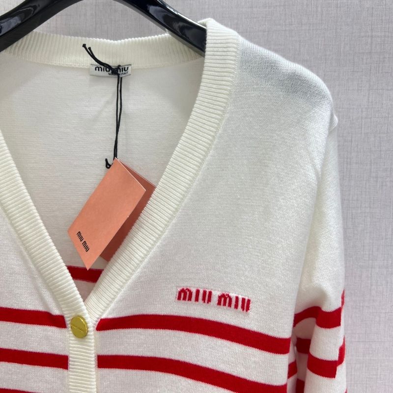 Miu Miu red and white striped knit cardigan.
