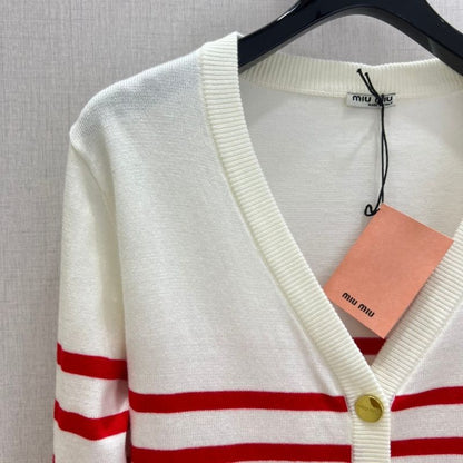 Miu Miu red and white striped knit cardigan.