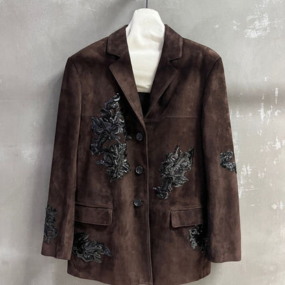 Miu miu brown suede coat with bead embellishments