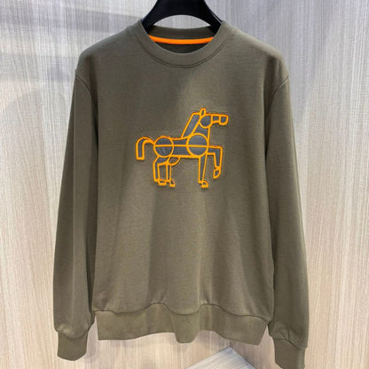 Leather Horse-Decorated Men's Round-Neck Sweatshirt