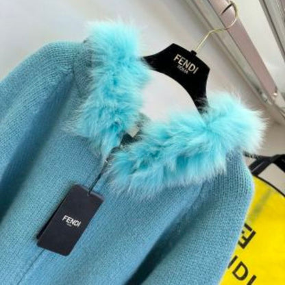 Fendi Hooded Cardigan Fox Fur Collar