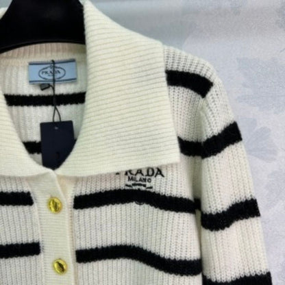 Prada Pura Long-Sleeved Striped Lapel Knitted Sweatshirt