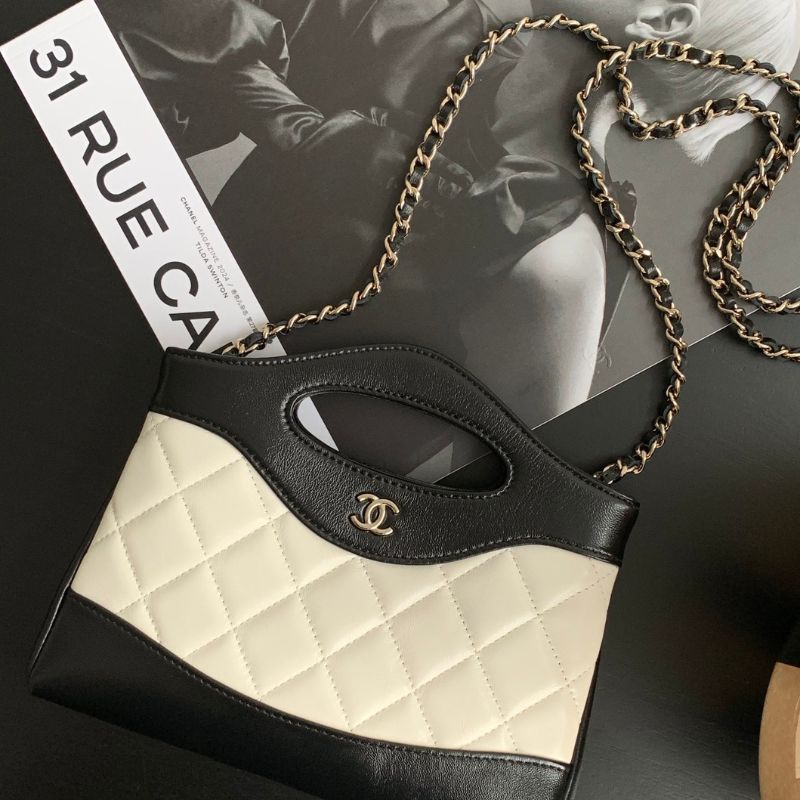 Chanel Hobo Nano White Black Calfskin Bag