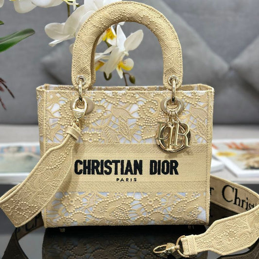 Dior Lady D-Lite Latte Chardons Macrame Embroidery Bag