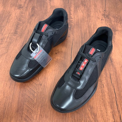 Prada Black Leather and Mesh Lace Up Sneakers