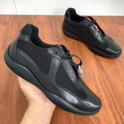 Prada Black Leather and Mesh Lace Up Sneakers